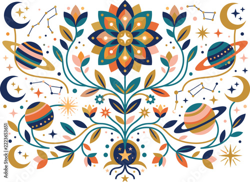 Bohemian Celestial Tree of Life with Planets and Constellations