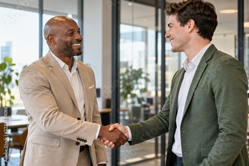 Smiling diverse business partners shaking hands after a successful agreement