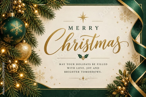 Elegant Christmas greeting card with green foliage and golden accents
