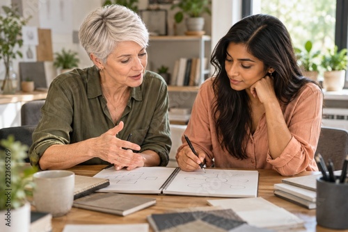 Two professional women discussing ideas and sketching diagrams at a desk