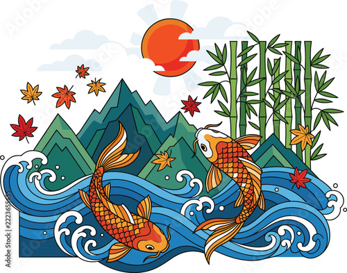 Japanese Zen Landscape with Mount Fuji Koi Fish and Red Sun