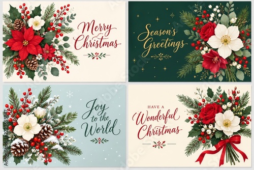 Floral Christmas greeting card collection with elegant hand lettering