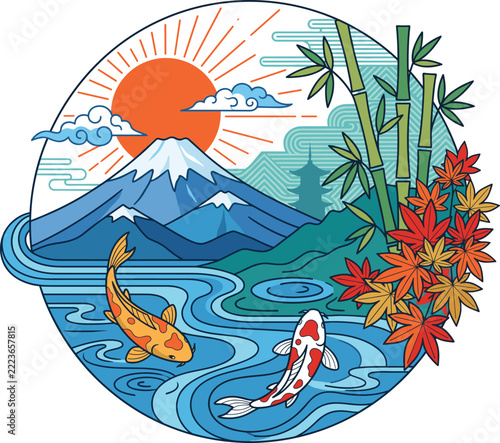 Japanese Zen Landscape with Mount Fuji Koi Fish and Red Sun
