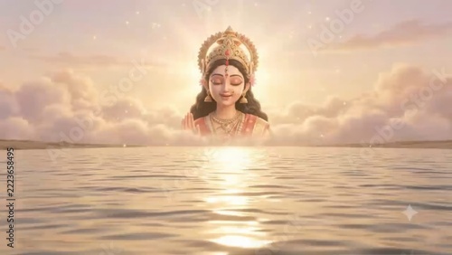 Goddess emerging from serene water with golden light background