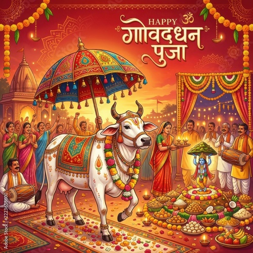 Happy cow decorated with flowers under an umbrella during gowardhan puja festival
