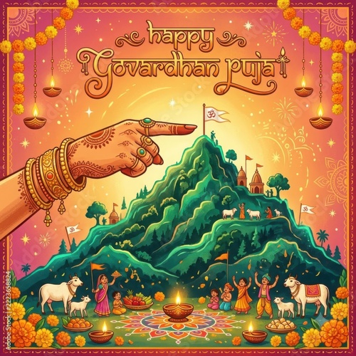 Happy hand pointing towards govardhan hill with village scene illustration