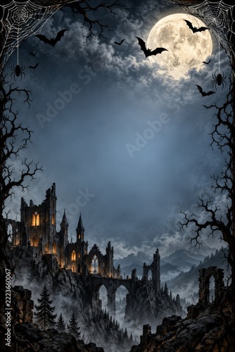 Gothic Halloween invitation frame with ruined castle bats and moonlit clouds