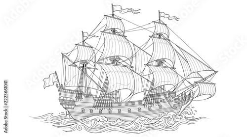 Old Fashioned Sailing Ship with Masts and Choppy Waves Line Art