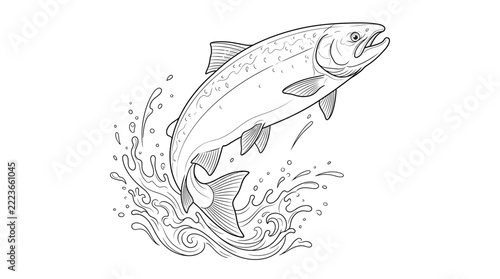 Salmon Fish Jumping from Water with Splash Line Art