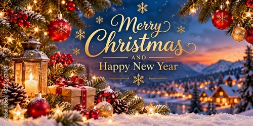 Christmas and New Year Banner with Lantern, Gifts and Snowy Village