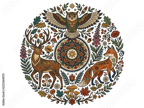 Mystical Forest Animal Folk Art Mandala with Owl Deer and Fox