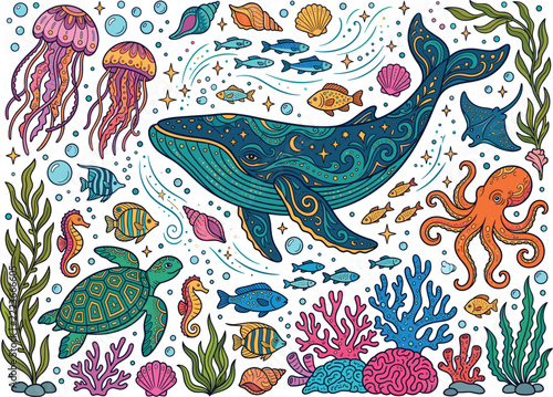 Whimsical Underwater Marine Life Illustration with Whale and Corals