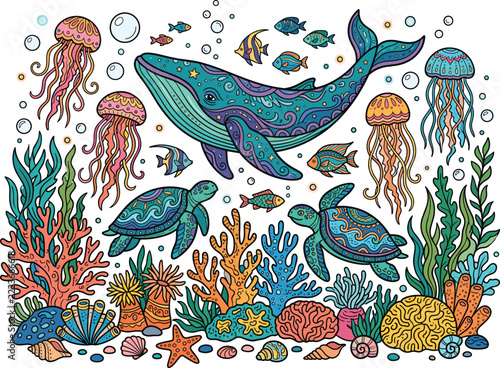 Whimsical Underwater Marine Life Illustration with Whale and Corals