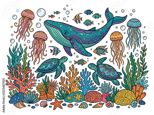 Whimsical Underwater Marine Life Illustration with Whale and Corals