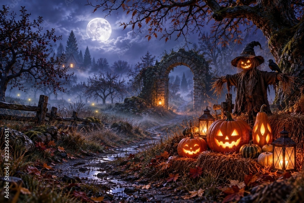 Fototapeta premium Moonlit Halloween pumpkin scarecrow scene near haunted stone arch
