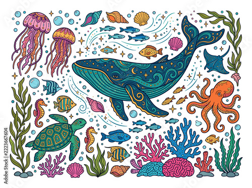 Whimsical Underwater Marine Life Illustration with Whale and Corals