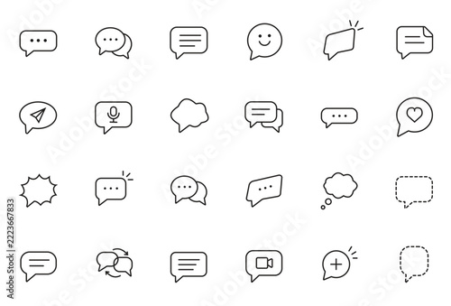Set of black speech bubble line icons with communication symbols for digital interface use.