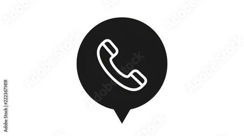 Black telephone icon inside a circular map pin shape isolated on a