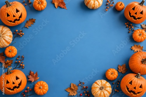 Halloween pumpkin and autumn leaf border on a blue flat lay background