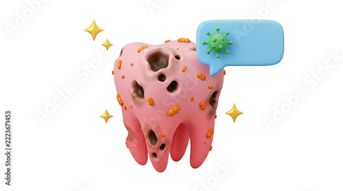Decayed tooth with bacteria and speech bubble isolated 3d render for