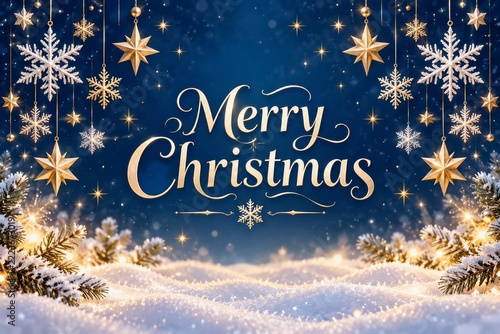 Christmas Greeting Card with Hanging Snowflakes and Stars on Navy Blue