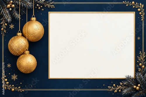 Navy Christmas Photo Card Layout with Three Golden Baubles and Blank Frame