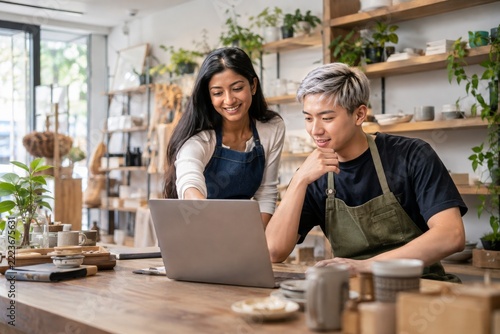Two young shop owners working together on a laptop inside their store
