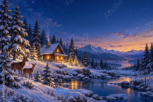 Winter Christmas postcard with glowing woodland cabin and deer beneath a blue...