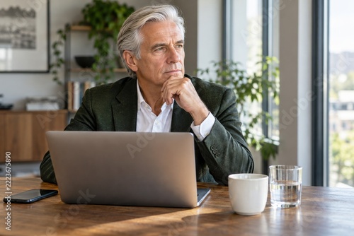 Thoughtful Businessman behind a Laptop at a Wooden Office Table