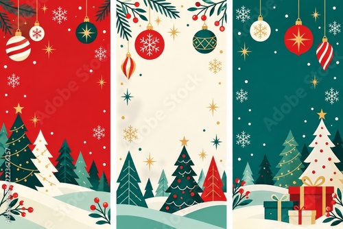 Bright Christmas Brochure Cover Set with Trees and Hanging Ornaments in Festi...