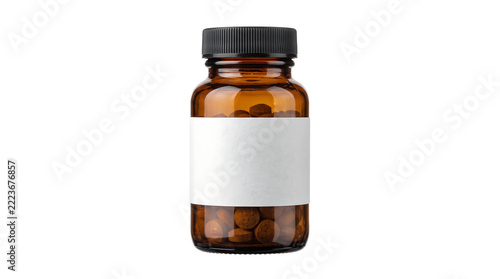 Amber glass medicine bottle filled with pills and white label for pharmaceutical products.