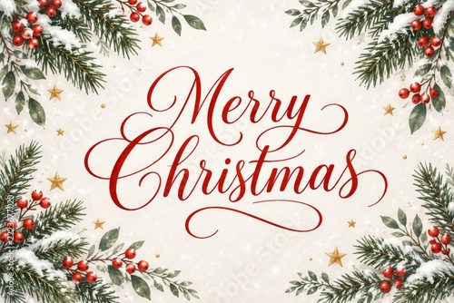 Elegant Merry Christmas Calligraphy with Snowy Evergreen Branches and Red Ber...