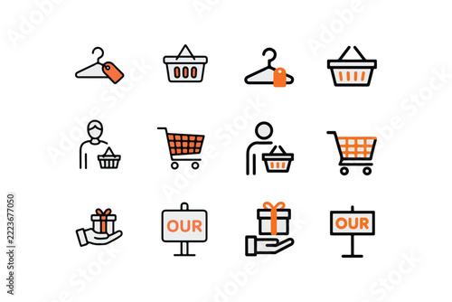 Collection of retail and commerce icons featuring shopping baskets clothes hangers gifts and carts for business
