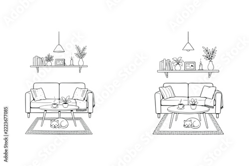 Cozy living room interior sketches showing a sofa with sleeping cat and coffee on table