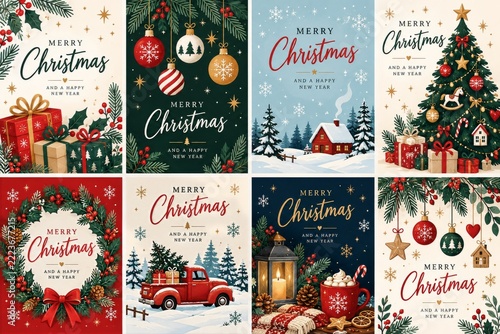 Modern Christmas greeting card collection with gifts and festive decorations
