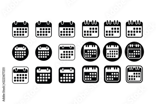 Professional black and white calendar icon collection for office planning and business scheduling tasks and daily reminders