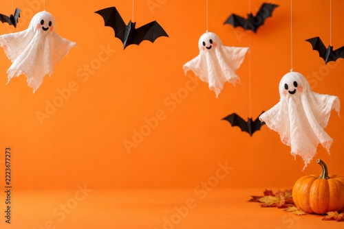 Hanging fabric ghosts and paper bats on an orange Halloween party background