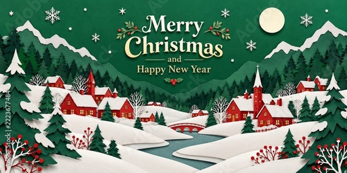 Green paper art Christmas banner with a snowy red village and forest