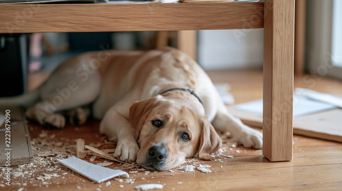Service dog resting under a designer's desk in a quiet rural home studio as the thumbnail designer salvages usable materials from a dismantled display board, sawdust and foam