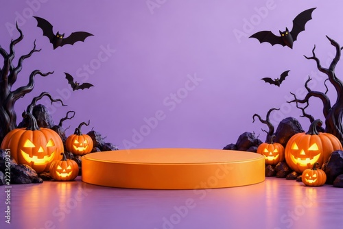 Orange Halloween product podium with pumpkins and bats on violet background