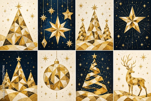 Abstract Gold Mosaic Christmas Card Collection with Trees and Stars