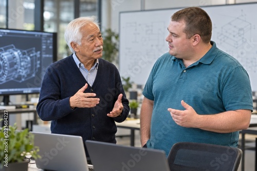 Two business colleagues discussing technical work beside computers in a moder...