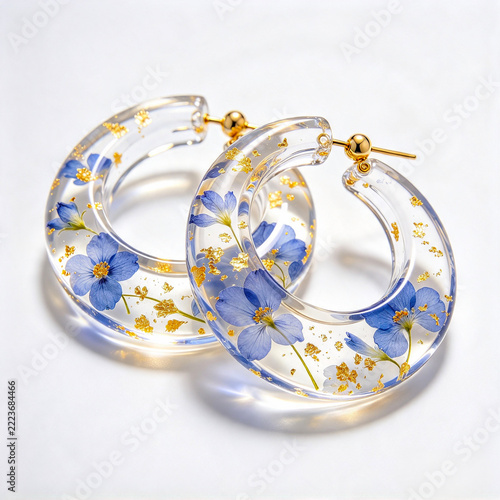 Clear Resin Hoop Earrings with Real Pressed Blue Flowers and Gold Flakes