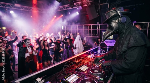 Plague doctor DJ performs for a costumed crowd at a vibrant Halloween nightclub filled with lights, smoke and energy