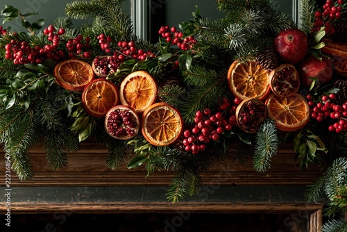 Dried orange slices and pomegranates arranged with evergreen branches