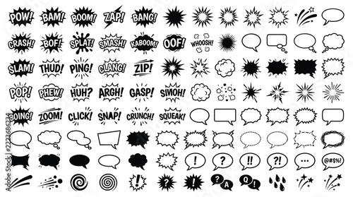 Large set of black and white comic book style speech bubbles and explosion sound effects on a white background, featuring various shapes