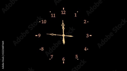 dial gold hands arabic numerals with moving hands on a black background. Computer graphics.