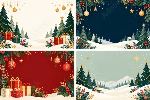 Christmas Invitation Background Collection with Trees Gifts and Golden Stars