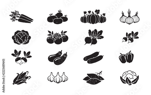 Black silhouette collection of farm fresh vegetables and root plants for culinary graphic designs.