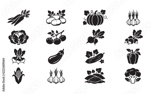 Black silhouette vegetable collection featuring farm fresh produce for healthy eating food projects.